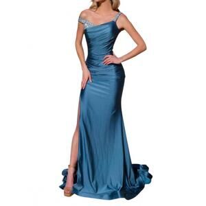 NEW JESSICA ANGEL beaded formal long slit prom dress in rust aqua blue